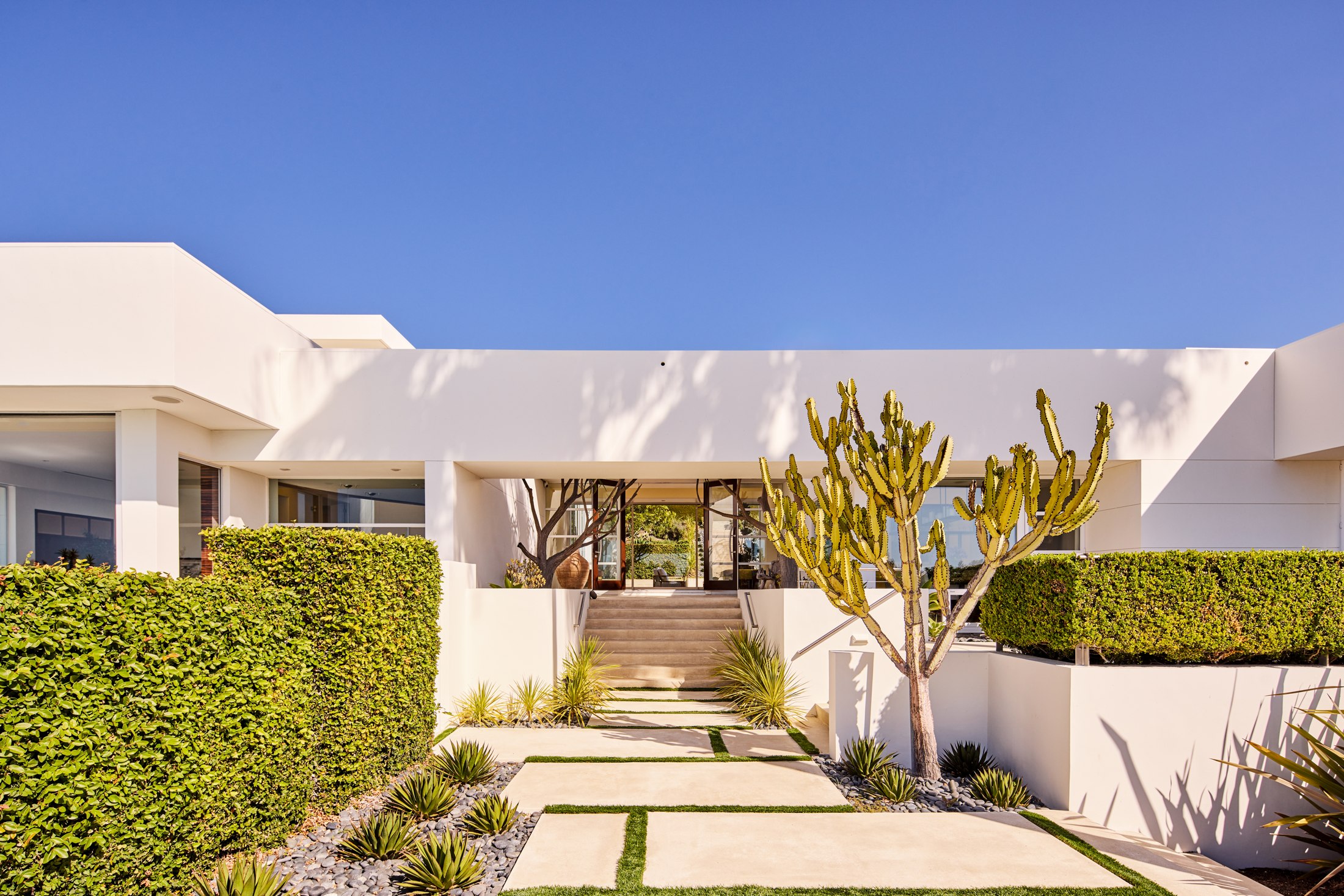 The front entry framed by hedges and sculptural planting